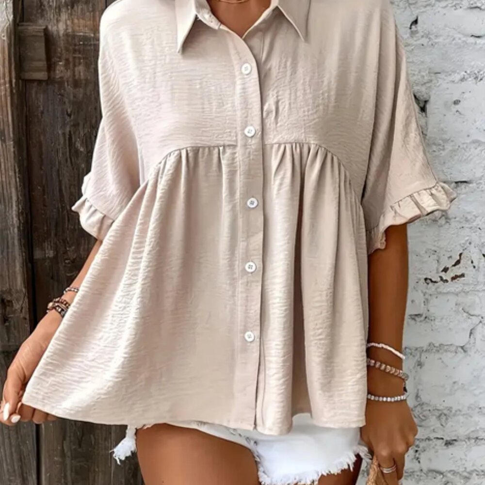 Women'S Casual Beige Button-Up Blouse with Ruffled Hem - Picture 2 of 7